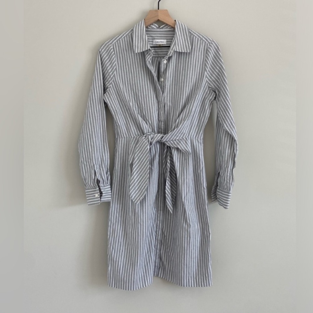 Calvin Klein Grey & White Striped Tie Front Shirt Dress 100% cotton size 6